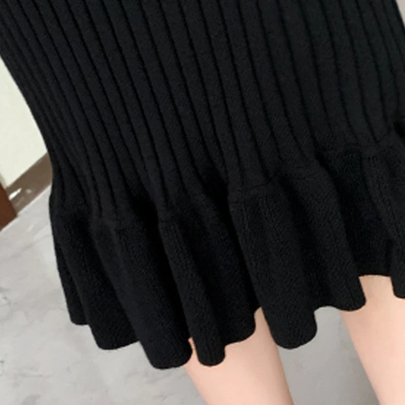 LVSANW YuooMuoo Chic Fashion Sexy Package Hips Rib Knitted Long Dress 2025 Autumn Winter Ruffled Sweater Dress Korean Party Vestidos