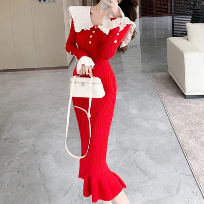 LVSANW YuooMuoo Chic Fashion Sexy Package Hips Rib Knitted Long Dress 2025 Autumn Winter Ruffled Sweater Dress Korean Party Vestidos