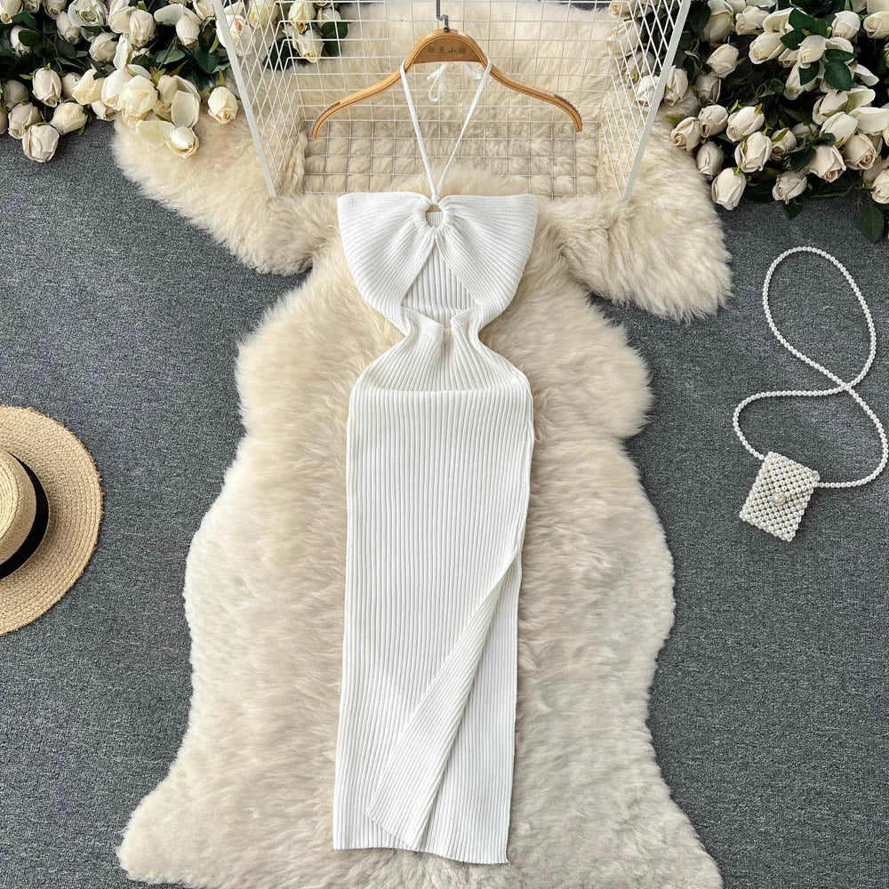 LVSANW YuooMuoo Chic Fashion Sexy Package Hips Split Knitted Summer Dress Women Slim Elastic Bodycon Party Dress Streetwear Outfits