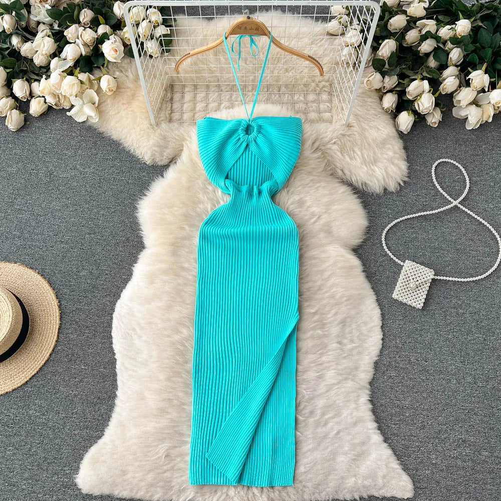 LVSANW YuooMuoo Chic Fashion Sexy Package Hips Split Knitted Summer Dress Women Slim Elastic Bodycon Party Dress Streetwear Outfits