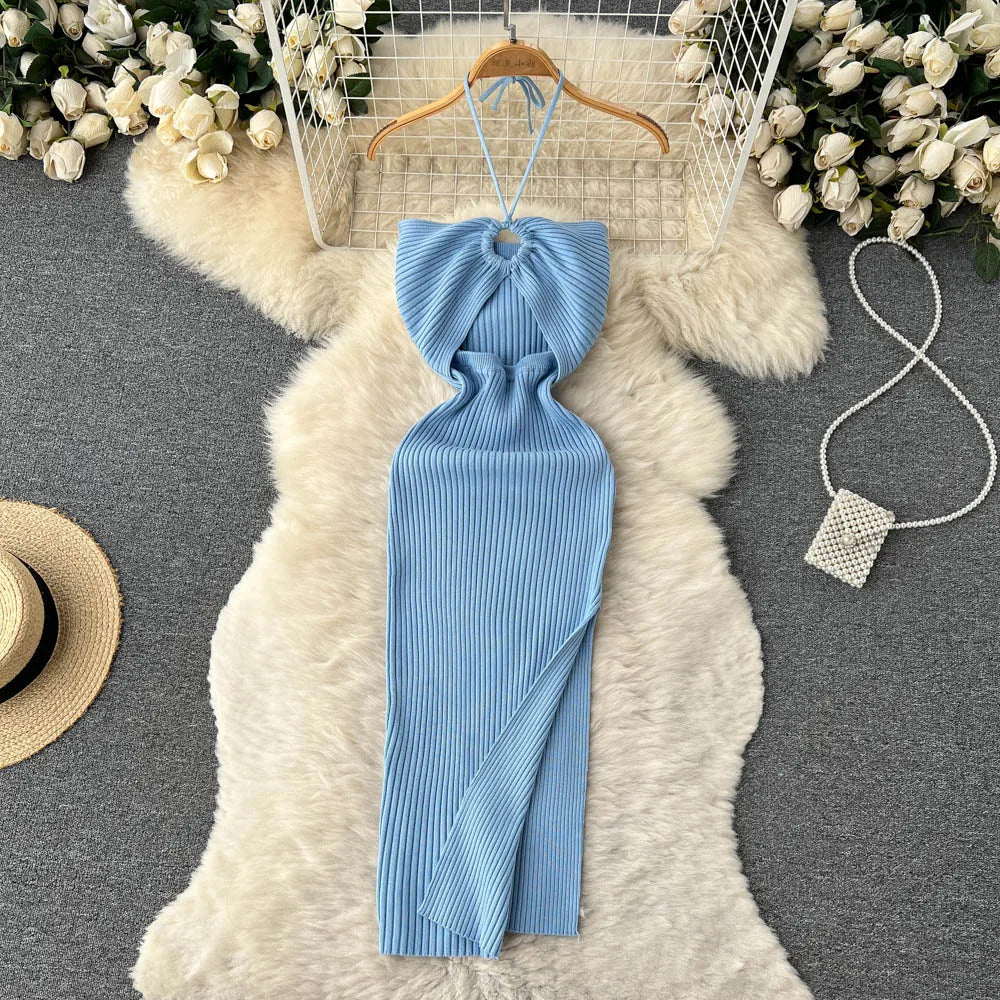 LVSANW YuooMuoo Chic Fashion Sexy Package Hips Split Knitted Summer Dress Women Slim Elastic Bodycon Party Dress Streetwear Outfits