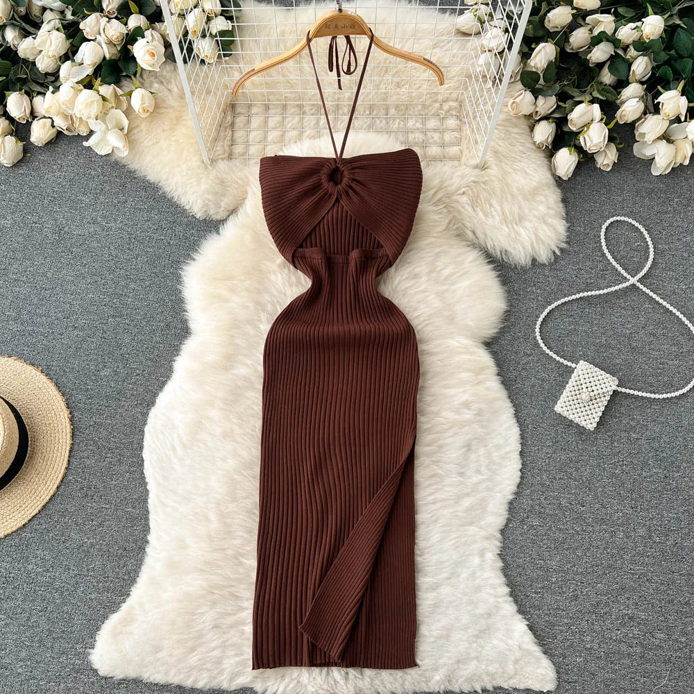 LVSANW YuooMuoo Chic Fashion Sexy Package Hips Split Knitted Summer Dress Women Slim Elastic Bodycon Party Dress Streetwear Outfits