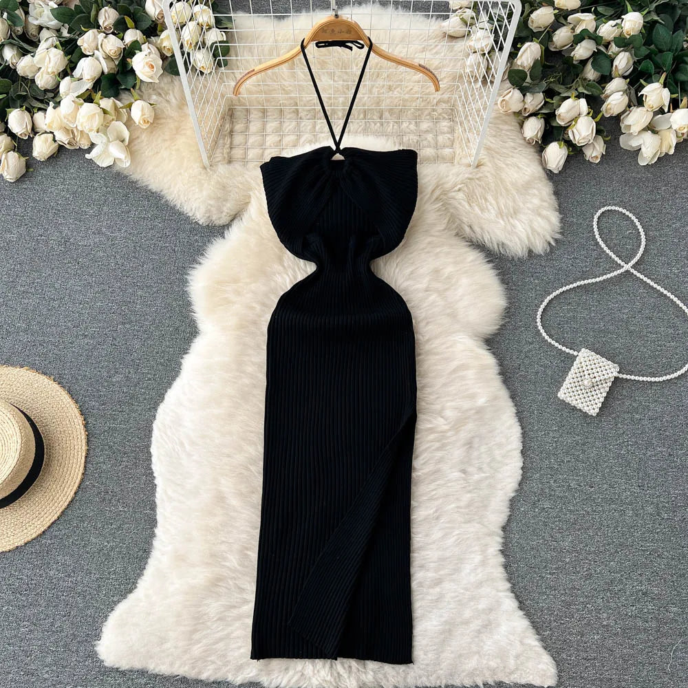 LVSANW YuooMuoo Chic Fashion Sexy Package Hips Split Knitted Summer Dress Women Slim Elastic Bodycon Party Dress Streetwear Outfits