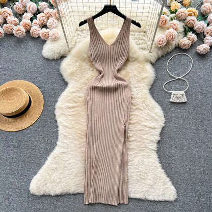 LVSANW YuooMuoo Chic Fashion Sexy Wrap Hips Split Knitted Autumn Dress Women Slim Elastic Bodycon Long Dress Streetwear Outfits Vestido