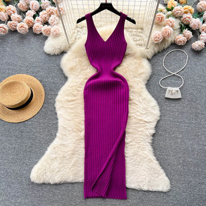 LVSANW YuooMuoo Chic Fashion Sexy Wrap Hips Split Knitted Autumn Dress Women Slim Elastic Bodycon Long Dress Streetwear Outfits Vestido