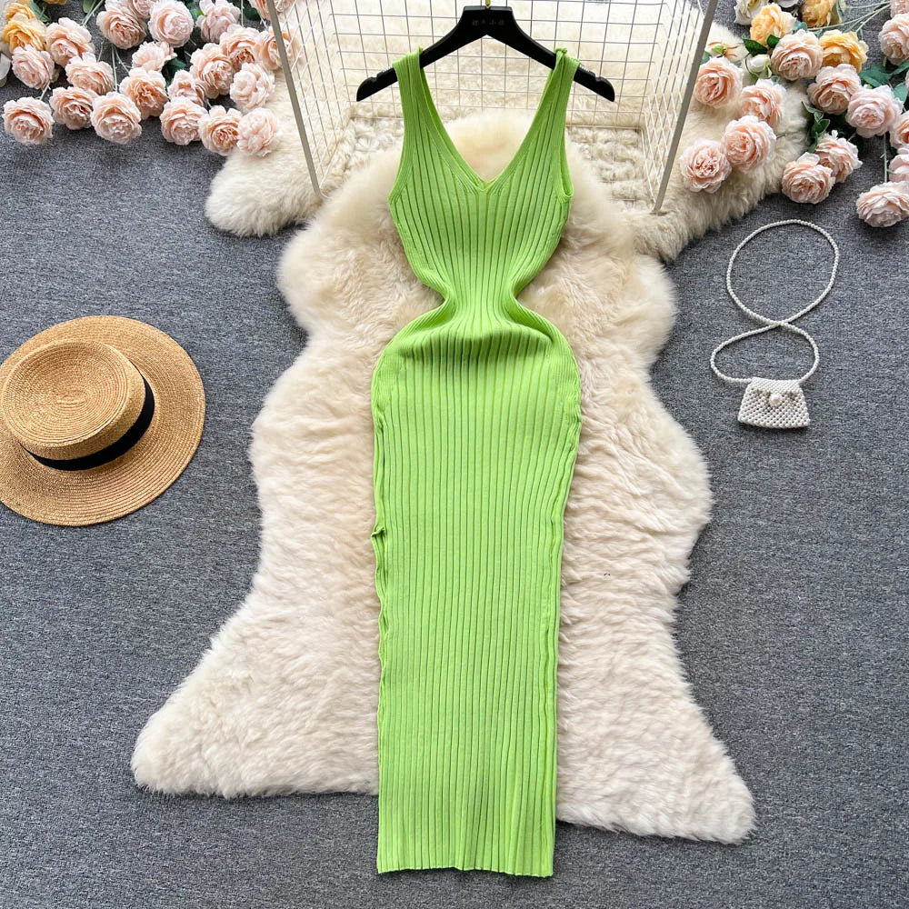 LVSANW YuooMuoo Chic Fashion Sexy Wrap Hips Split Knitted Autumn Dress Women Slim Elastic Bodycon Long Dress Streetwear Outfits Vestido