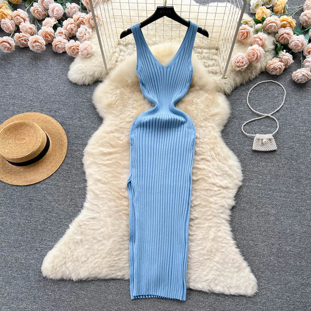 LVSANW YuooMuoo Chic Fashion Sexy Wrap Hips Split Knitted Autumn Dress Women Slim Elastic Bodycon Long Dress Streetwear Outfits Vestido