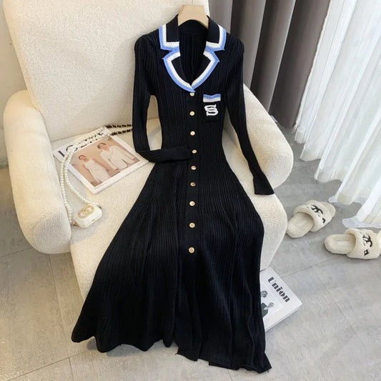 LVSANW YuooMuoo Elegant Embroidery Letter Knitted Maxi Dress Autumn Winter Brand Fashion Lady Notched Black Sweater Dress Office Robes