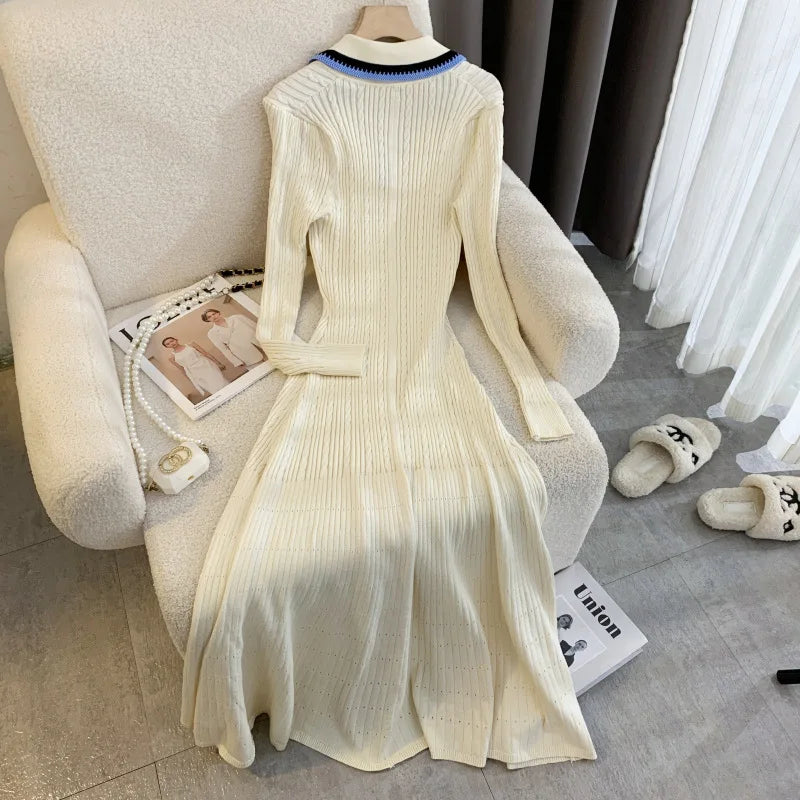 LVSANW YuooMuoo Elegant Embroidery Letter Knitted Maxi Dress Autumn Winter Brand Fashion Lady Notched Black Sweater Dress Office Robes