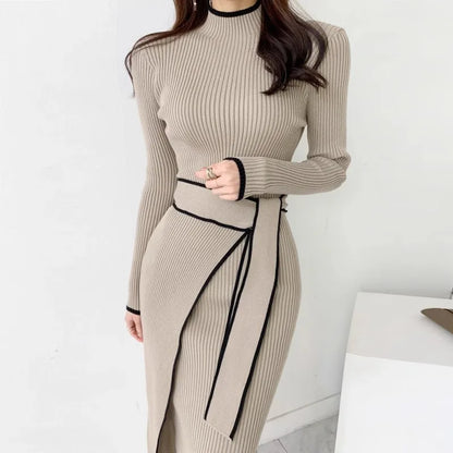 LVSANW YuooMuoo Elegant Lace Up Turtleneck Knitted Long Dress Korean Fashion Khaki Black Rib Bandage Bodycon Sweater Dress Robe Femme