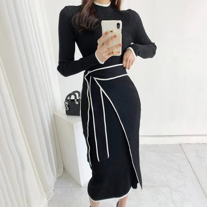 LVSANW YuooMuoo Elegant Lace Up Turtleneck Knitted Long Dress Korean Fashion Khaki Black Rib Bandage Bodycon Sweater Dress Robe Femme