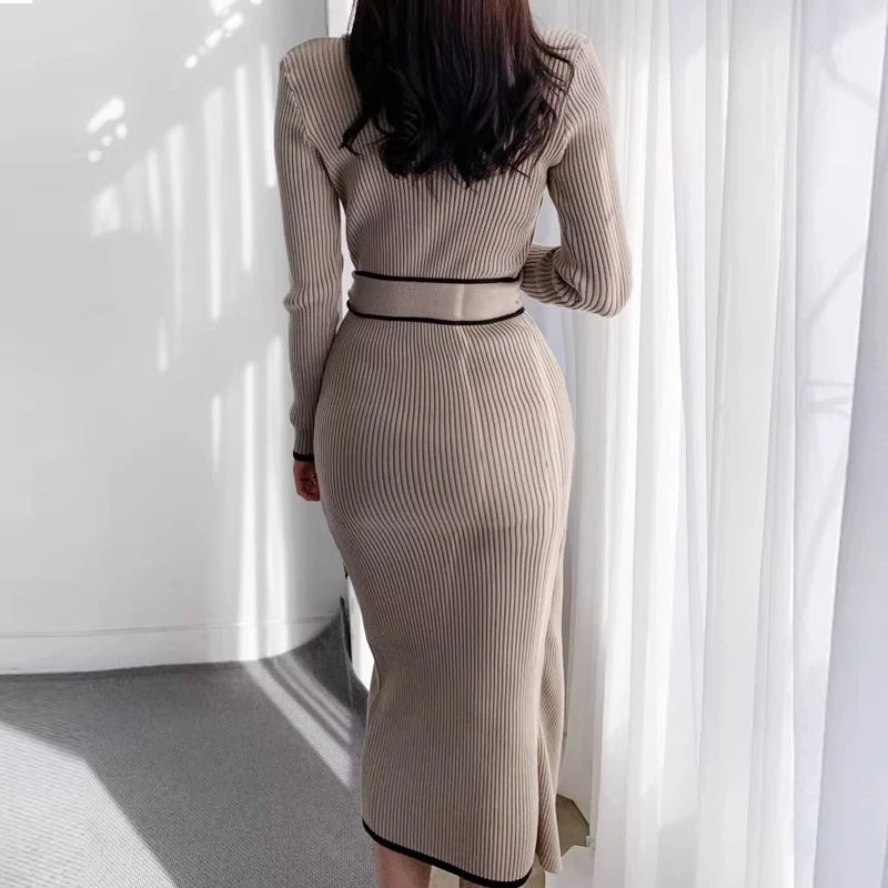 LVSANW YuooMuoo Elegant Lace Up Turtleneck Knitted Long Dress Korean Fashion Khaki Black Rib Bandage Bodycon Sweater Dress Robe Femme