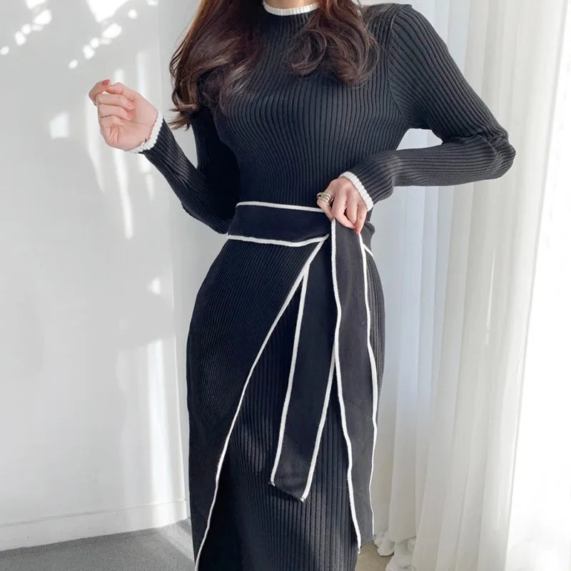 LVSANW YuooMuoo Elegant Lace Up Turtleneck Knitted Long Dress Korean Fashion Khaki Black Rib Bandage Bodycon Sweater Dress Robe Femme