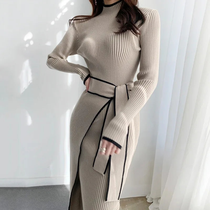 LVSANW YuooMuoo Elegant Lace Up Turtleneck Knitted Long Dress Korean Fashion Khaki Black Rib Bandage Bodycon Sweater Dress Robe Femme