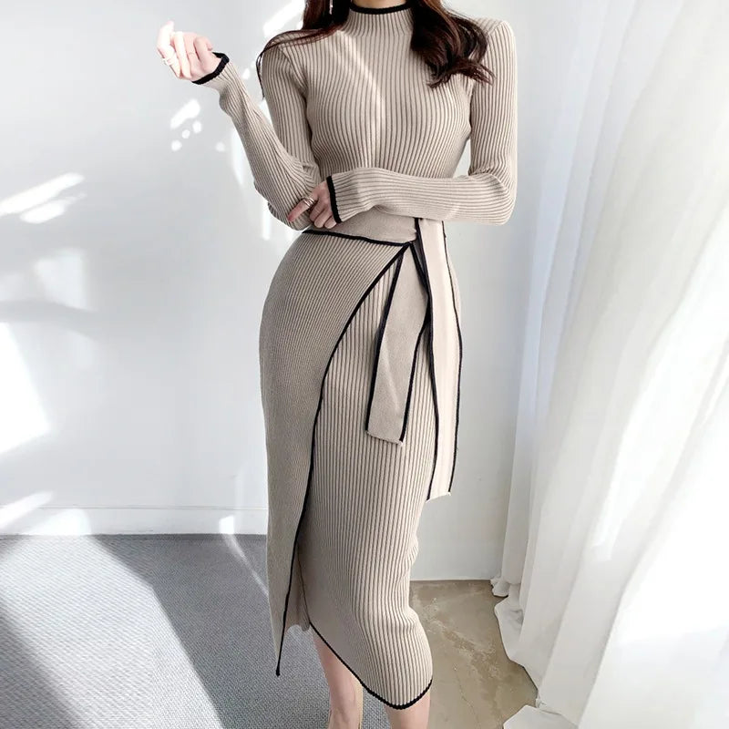 LVSANW YuooMuoo Elegant Lace Up Turtleneck Knitted Long Dress Korean Fashion Khaki Black Rib Bandage Bodycon Sweater Dress Robe Femme