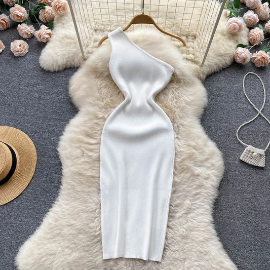 LVSANW YuooMuoo Ins Fashion Sexy One Shoulder Knitted Bodycon Dress Lady Elastic Outfits Package Hips White Mini Dress Party Vestidos