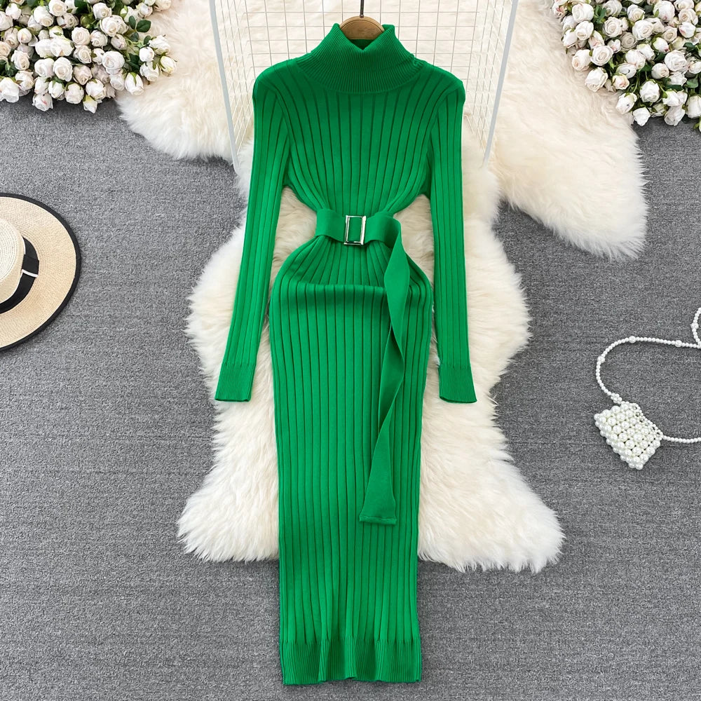 LVSANW YuooMuoo Ins Hot Turtleneck Sexy Wrap Hips Knitted Dresses Women 2025 Autumn Winter Long Sleeve Bodycon Sweater Dress with Belt