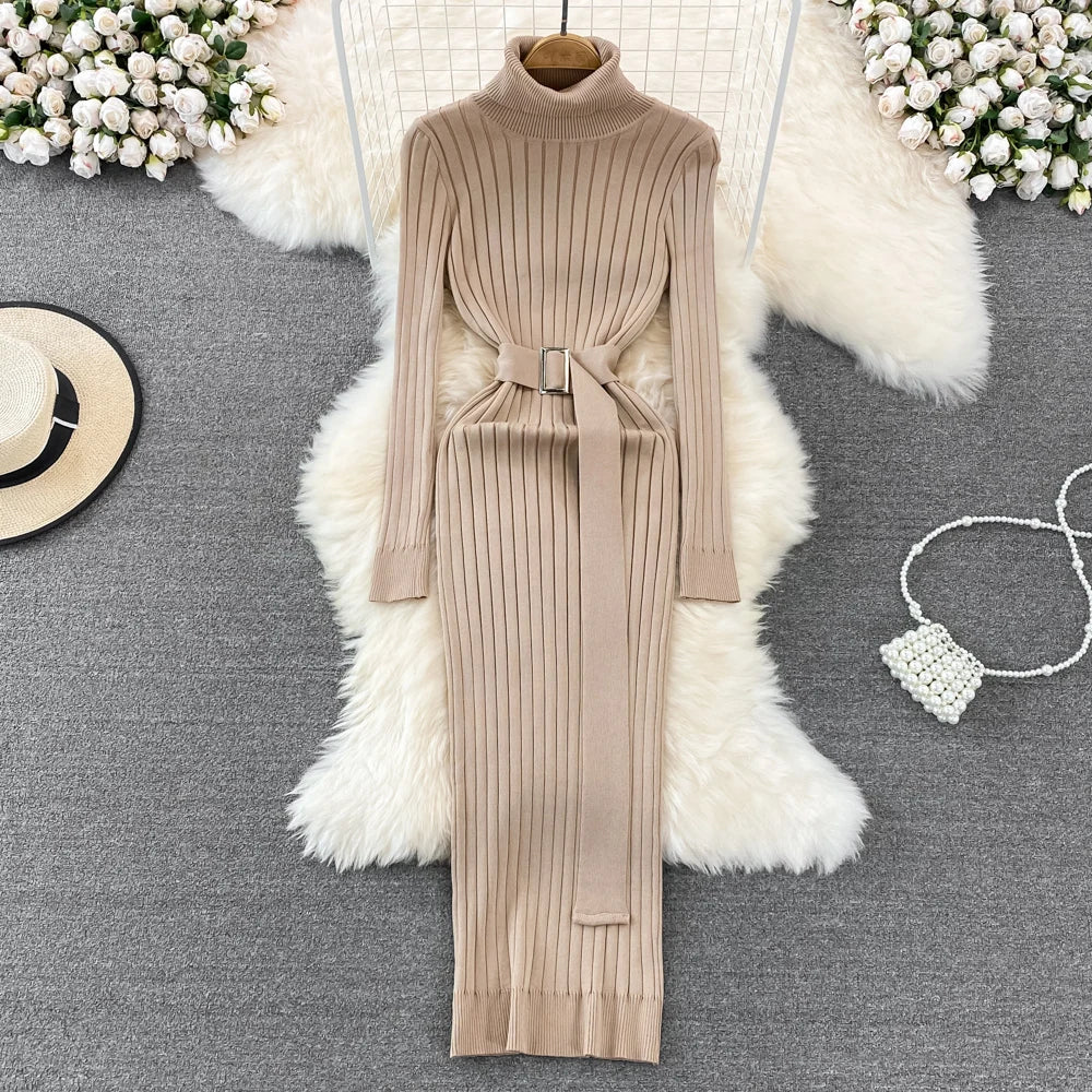 LVSANW YuooMuoo Ins Hot Turtleneck Sexy Wrap Hips Knitted Dresses Women 2025 Autumn Winter Long Sleeve Bodycon Sweater Dress with Belt