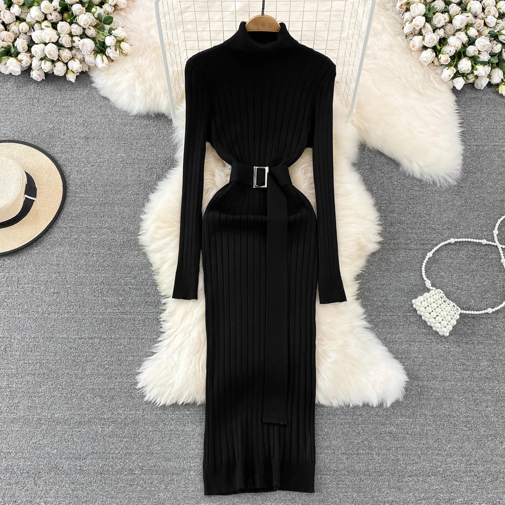 LVSANW YuooMuoo Ins Hot Turtleneck Sexy Wrap Hips Knitted Dresses Women 2025 Autumn Winter Long Sleeve Bodycon Sweater Dress with Belt