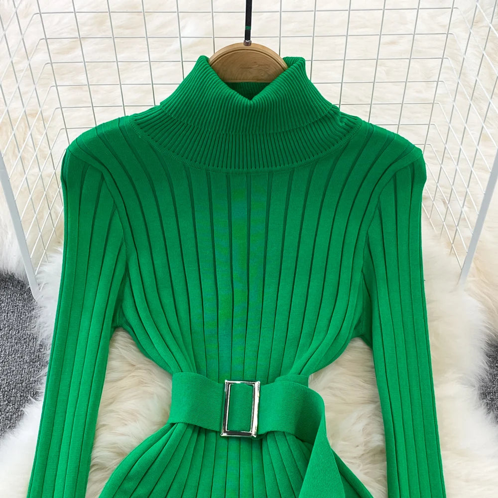 LVSANW YuooMuoo Ins Hot Turtleneck Sexy Wrap Hips Knitted Dresses Women 2025 Autumn Winter Long Sleeve Bodycon Sweater Dress with Belt