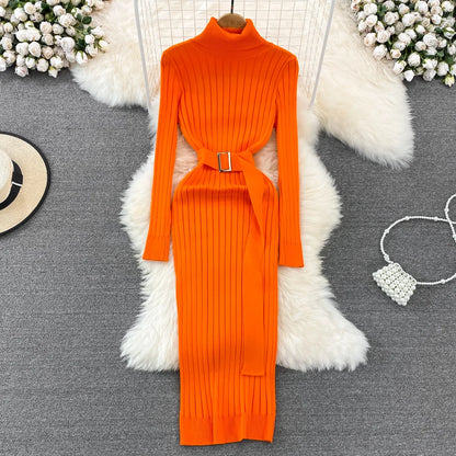 LVSANW YuooMuoo Ins Hot Turtleneck Sexy Wrap Hips Knitted Dresses Women 2025 Autumn Winter Long Sleeve Bodycon Sweater Dress with Belt