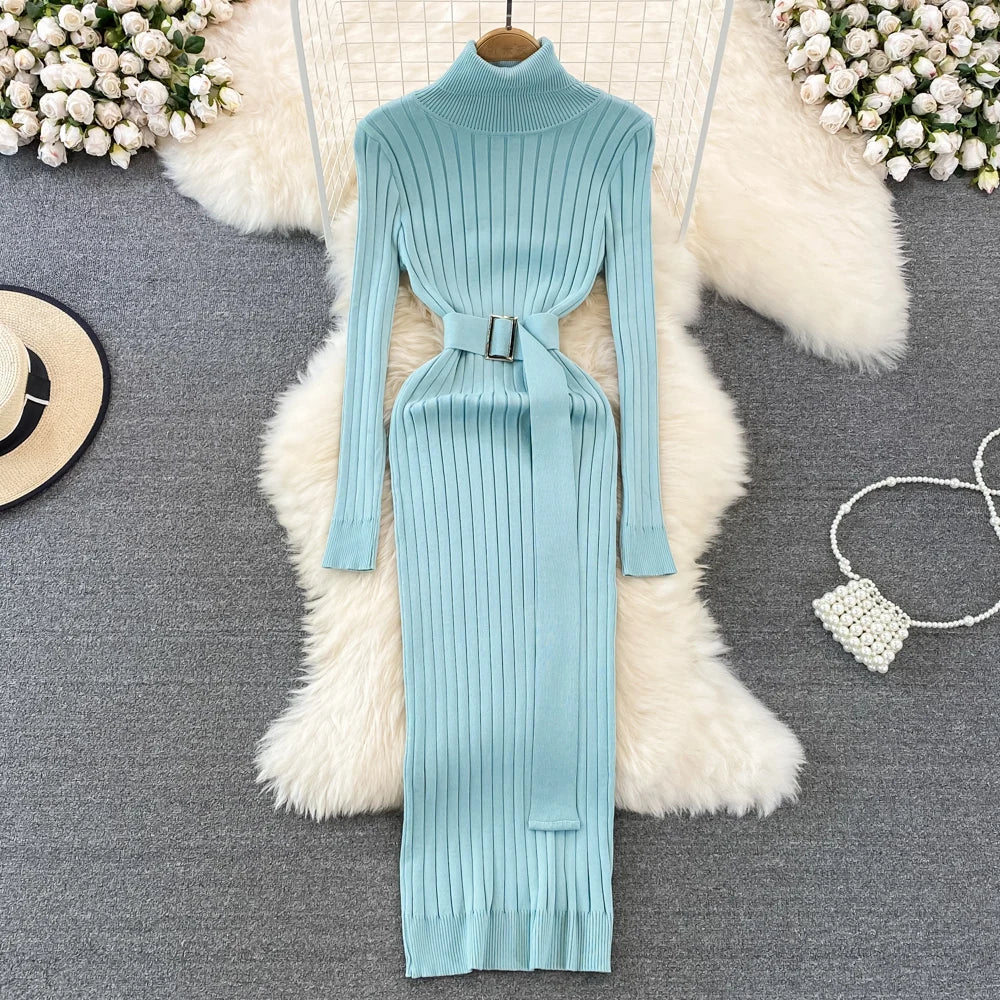 LVSANW YuooMuoo Ins Hot Turtleneck Sexy Wrap Hips Knitted Dresses Women 2025 Autumn Winter Long Sleeve Bodycon Sweater Dress with Belt