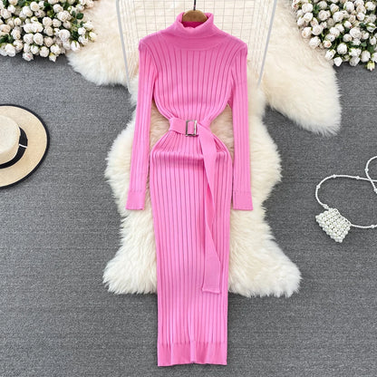 LVSANW YuooMuoo Ins Hot Turtleneck Sexy Wrap Hips Knitted Dresses Women 2025 Autumn Winter Long Sleeve Bodycon Sweater Dress with Belt