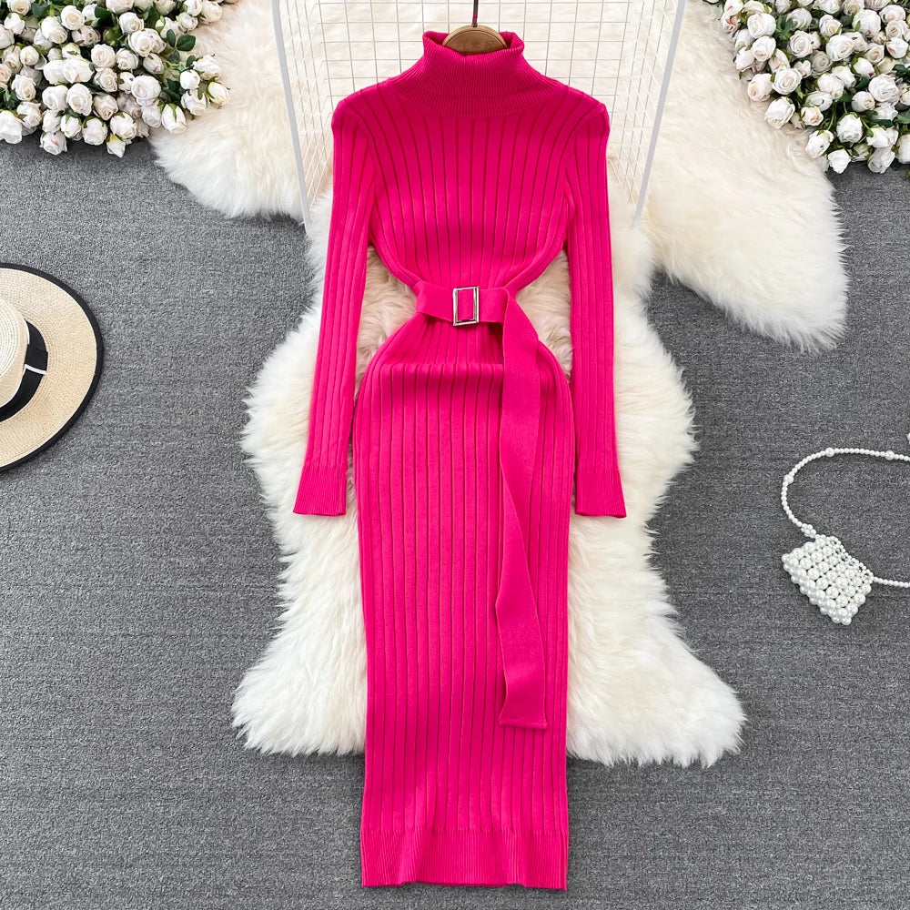 LVSANW YuooMuoo Ins Hot Turtleneck Sexy Wrap Hips Knitted Dresses Women 2025 Autumn Winter Long Sleeve Bodycon Sweater Dress with Belt