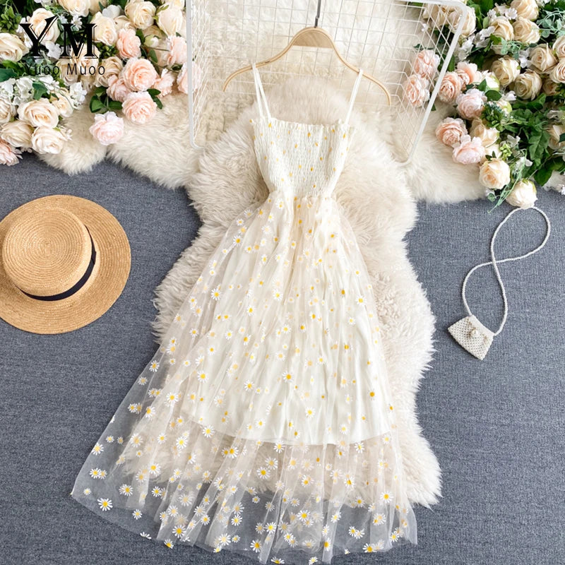 LVSANW YuooMuoo Korean Fashion Daisy Flower Print Mesh Party Dress Summer Two Layers Spaghetti Strap Vacation Midi Dress Beach Vestidos