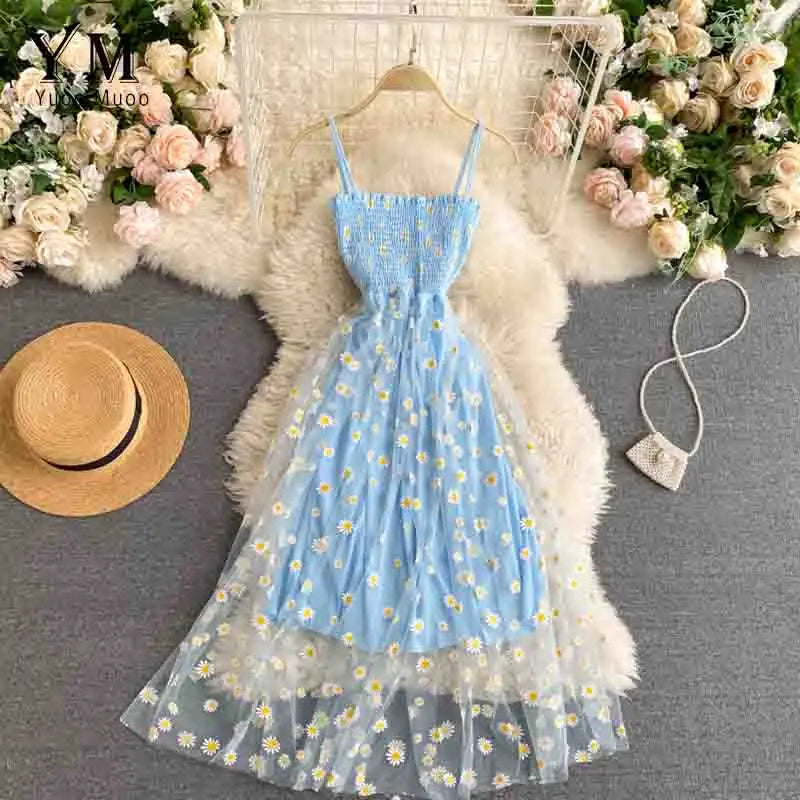 LVSANW YuooMuoo Korean Fashion Daisy Flower Print Mesh Party Dress Summer Two Layers Spaghetti Strap Vacation Midi Dress Beach Vestidos