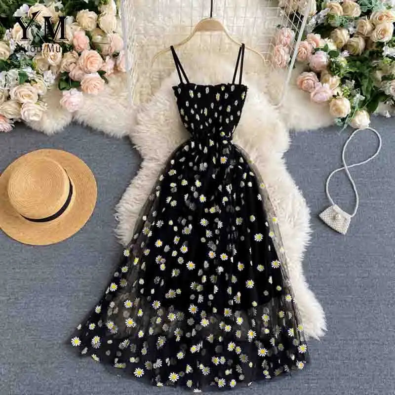 LVSANW YuooMuoo Korean Fashion Daisy Flower Print Mesh Party Dress Summer Two Layers Spaghetti Strap Vacation Midi Dress Beach Vestidos