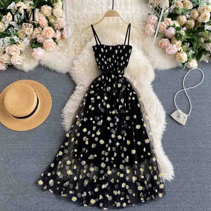 LVSANW YuooMuoo Korean Fashion Daisy Flower Print Mesh Party Dress Summer Two Layers Spaghetti Strap Vacation Midi Dress Beach Vestidos