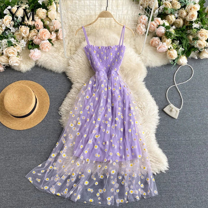 LVSANW YuooMuoo Korean Fashion Daisy Flower Print Mesh Party Dress Summer Two Layers Spaghetti Strap Vacation Midi Dress Beach Vestidos