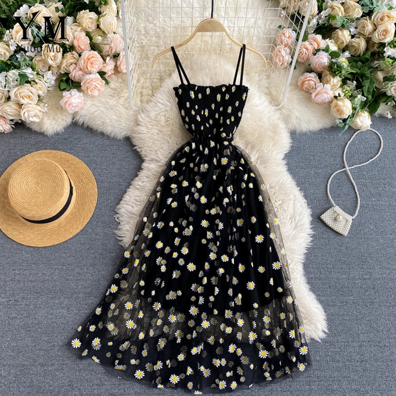 LVSANW YuooMuoo Korean Fashion Daisy Flower Print Mesh Party Dress Summer Two Layers Spaghetti Strap Vacation Midi Dress Beach Vestidos