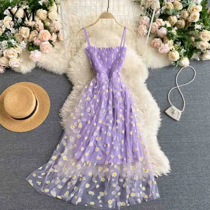 LVSANW YuooMuoo Korean Fashion Daisy Flower Print Mesh Party Dress Summer Two Layers Spaghetti Strap Vacation Midi Dress Beach Vestidos