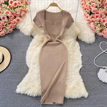 LVSANW YuooMuoo Spring Summer 2024 Women Dress Elegant Square Collar White Black Knitted Bodycon Dress Korean Office Lady Vestidos