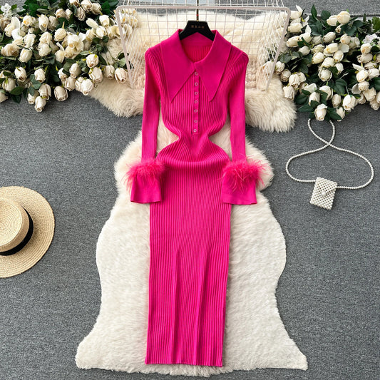 LVSANW YuooMuoo Women Dress 2025 Autumn Winter Elegant Fur Long Sleeve Knitted Sweater Dress Chic Lady Wrap Hips Bodycon Long Vestidos