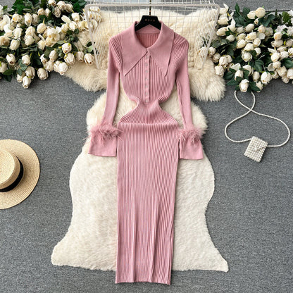 LVSANW YuooMuoo Women Dress 2025 Autumn Winter Elegant Fur Long Sleeve Knitted Sweater Dress Chic Lady Wrap Hips Bodycon Long Vestidos