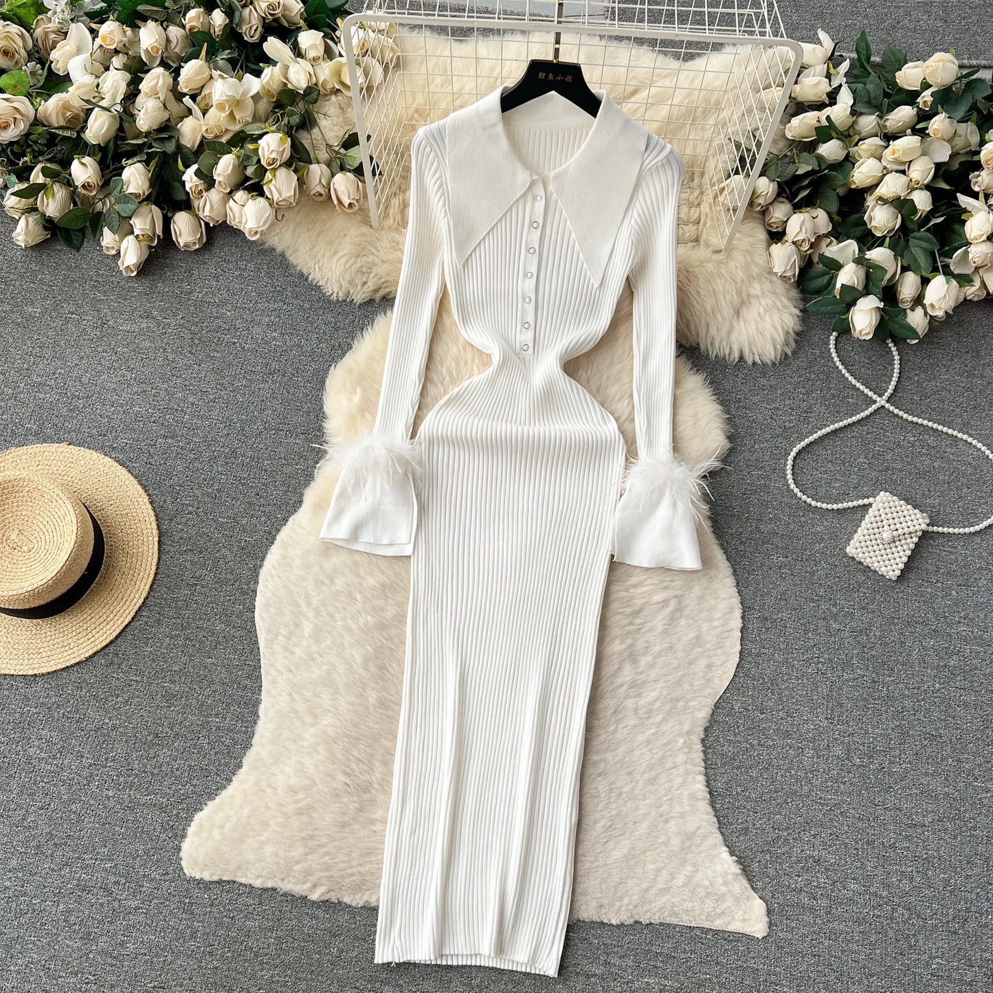 LVSANW YuooMuoo Women Dress 2025 Autumn Winter Elegant Fur Long Sleeve Knitted Sweater Dress Chic Lady Wrap Hips Bodycon Long Vestidos