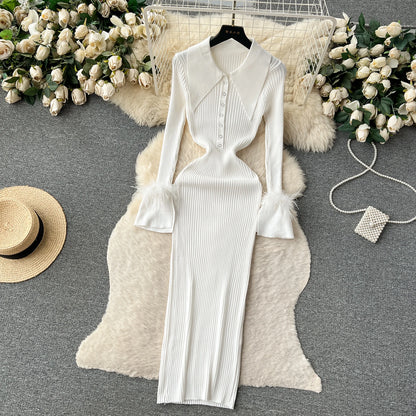 LVSANW YuooMuoo Women Dress 2025 Autumn Winter Elegant Fur Long Sleeve Knitted Sweater Dress Chic Lady Wrap Hips Bodycon Long Vestidos