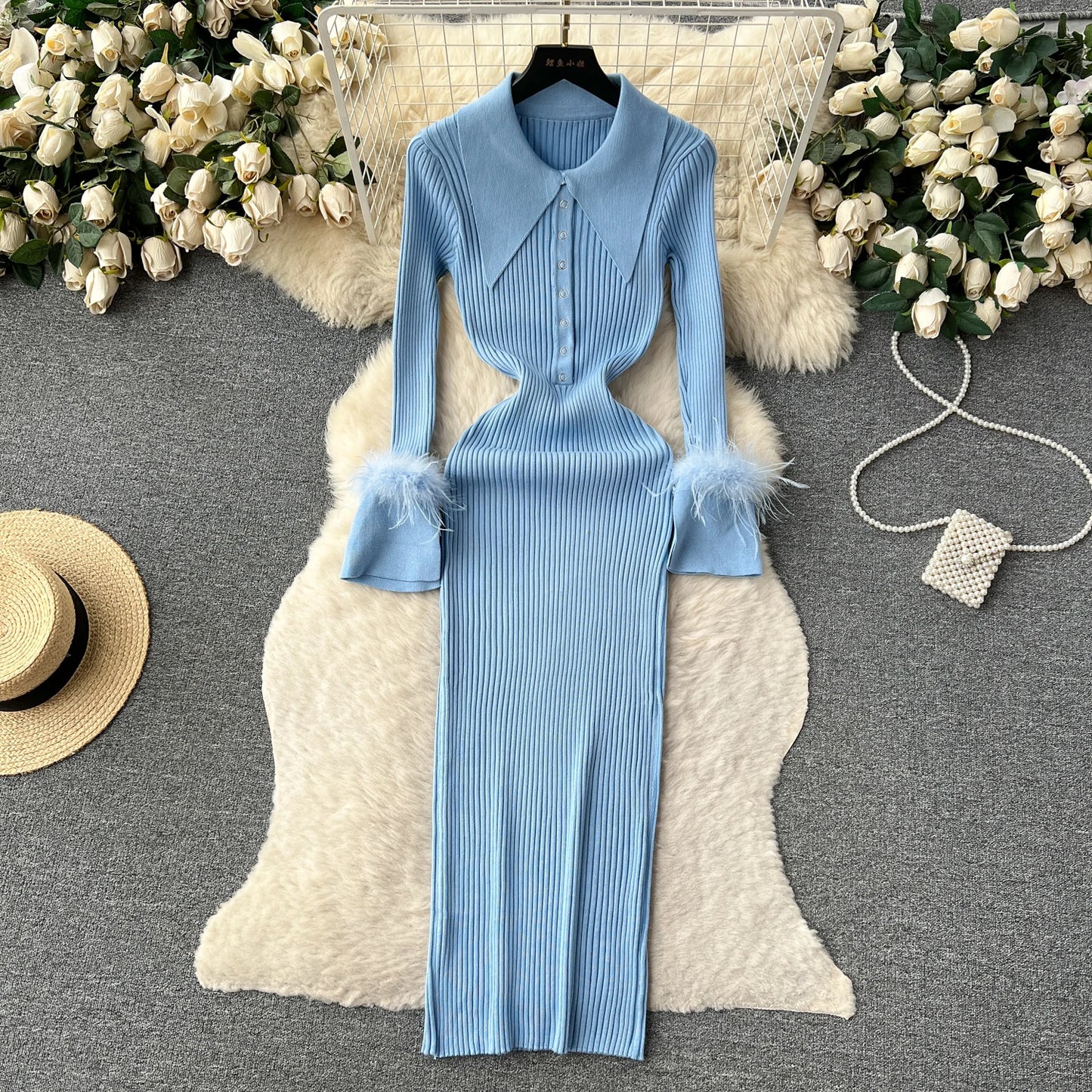 LVSANW YuooMuoo Women Dress 2025 Autumn Winter Elegant Fur Long Sleeve Knitted Sweater Dress Chic Lady Wrap Hips Bodycon Long Vestidos