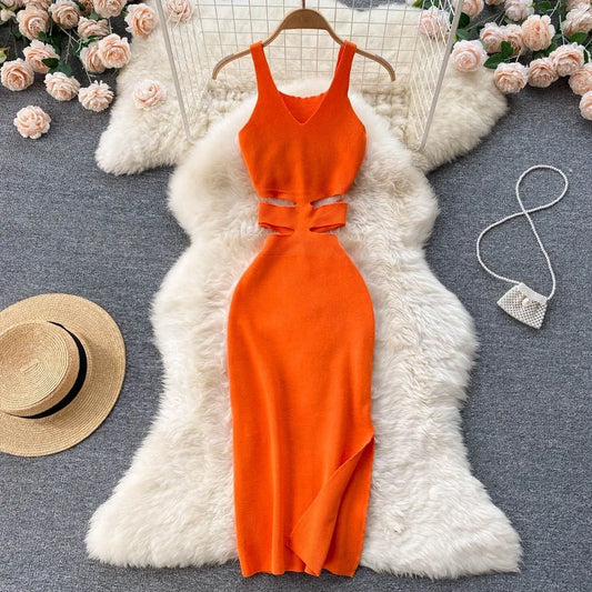 LVSANW YuooMuoo Women Dress Sexy Cut Out Waist Package Hips Split Bodycon Dress Summer Fashion Lady Knitted Party Vestidos Sundress