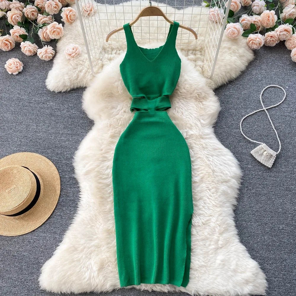 LVSANW YuooMuoo Women Dress Sexy Cut Out Waist Package Hips Split Bodycon Dress Summer Fashion Lady Knitted Party Vestidos Sundress