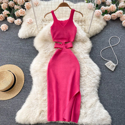 LVSANW YuooMuoo Women Dress Sexy Cut Out Waist Package Hips Split Bodycon Dress Summer Fashion Lady Knitted Party Vestidos Sundress