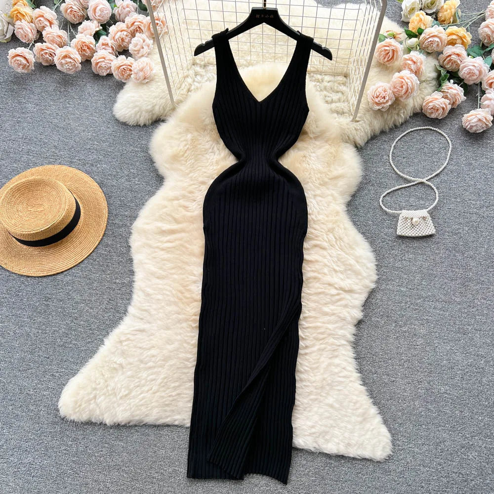 LVSANW YuooMuoo Women Dress Sexy V-neck Slim Elastic Ribbed Knitted One Piece Bodycon Dress Streetwear Lady Vestidos