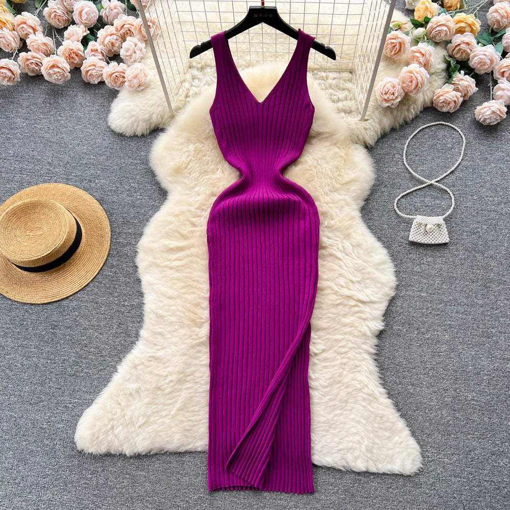 LVSANW YuooMuoo Women Dress Sexy V-neck Slim Elastic Ribbed Knitted One Piece Bodycon Dress Streetwear Lady Vestidos