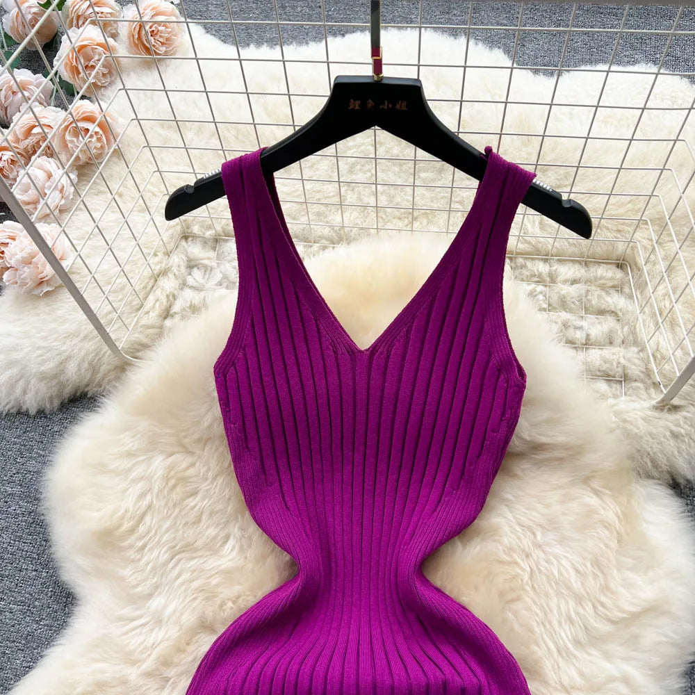 LVSANW YuooMuoo Women Dress Sexy V-neck Slim Elastic Ribbed Knitted One Piece Bodycon Dress Streetwear Lady Vestidos