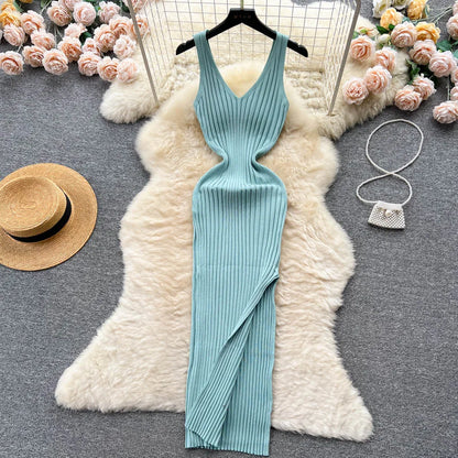 LVSANW YuooMuoo Women Dress Sexy V-neck Slim Elastic Ribbed Knitted One Piece Bodycon Dress Streetwear Lady Vestidos