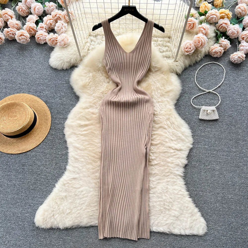 LVSANW YuooMuoo Women Dress Sexy V-neck Slim Elastic Ribbed Knitted One Piece Bodycon Dress Streetwear Lady Vestidos