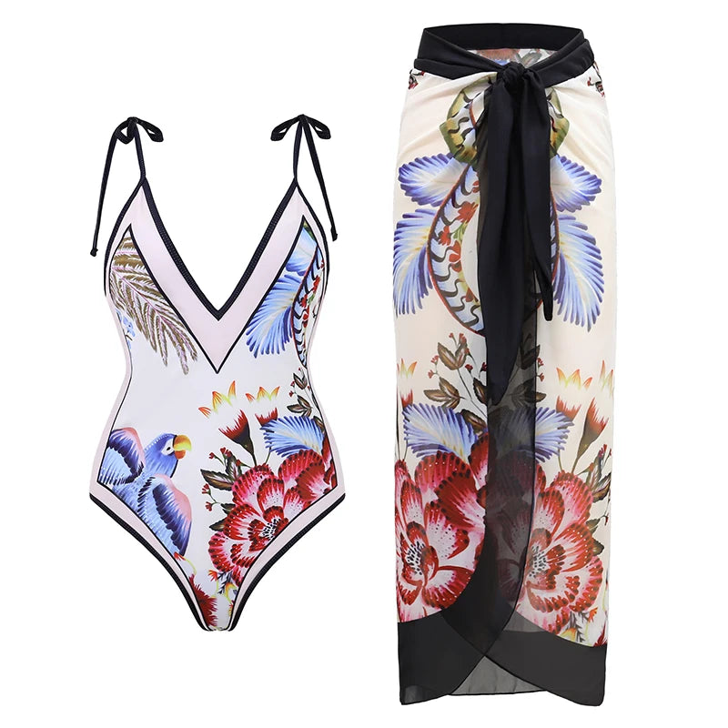 LVSANW ZAFUAZ 2024 Sexy One Piece Swimsuit Skirt Summer Women Halter 3D Flower Print Swimwear Beach Dress Cover Up Monokini Bath Suit